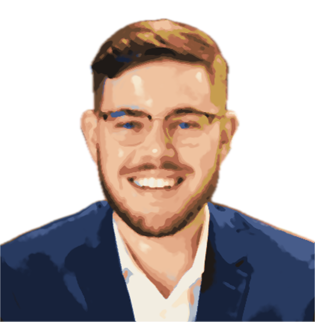 Illustrated portrait of Drew Crichton in a navy suit and glasses